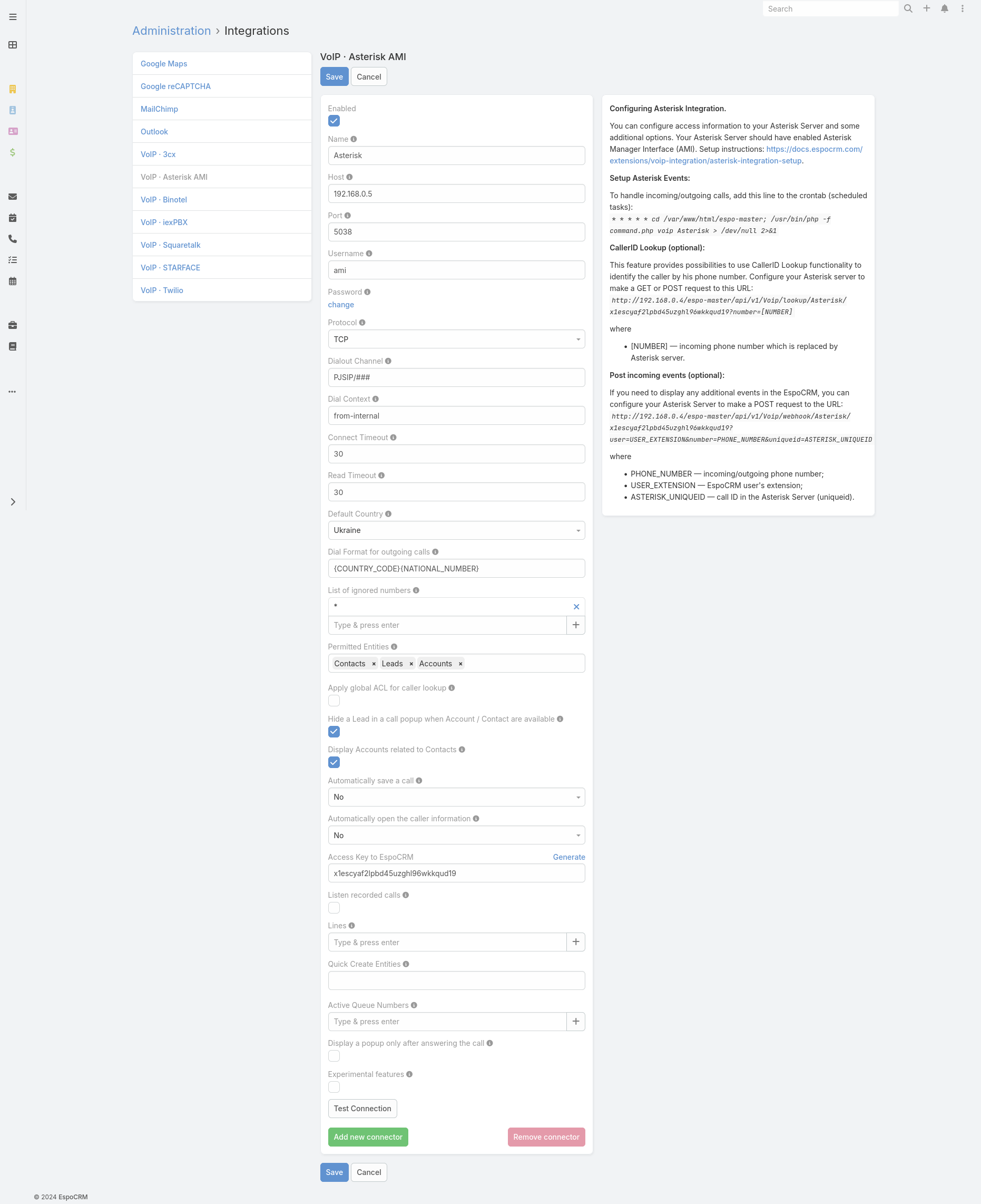 Asterisk integration config