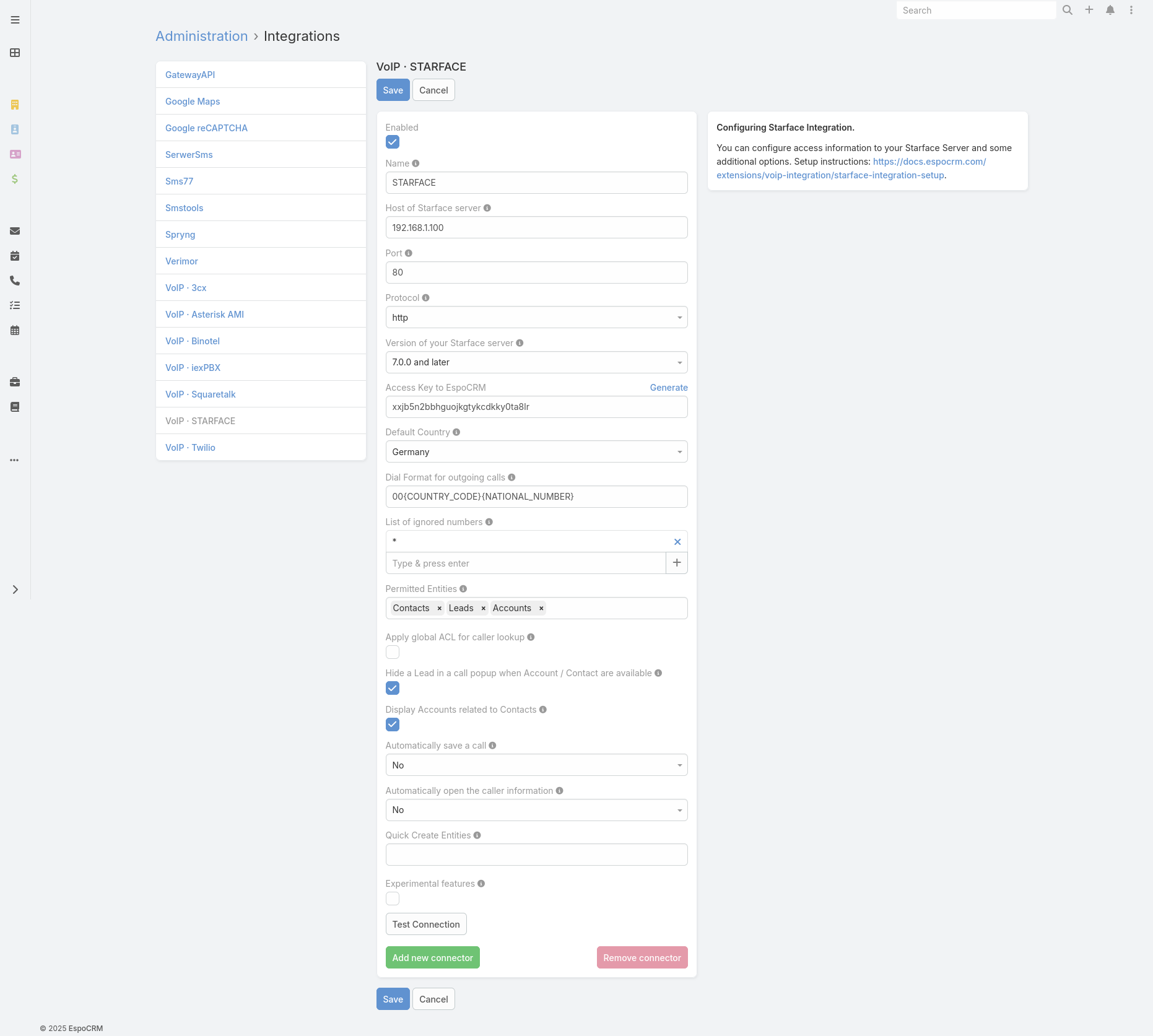 Starface integration config